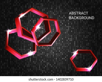Metal polygons sparkle on the background. 3D vector illustration . Futuristic geometric background. Abstract composition. Red three-dimensional metal polygon in space.
