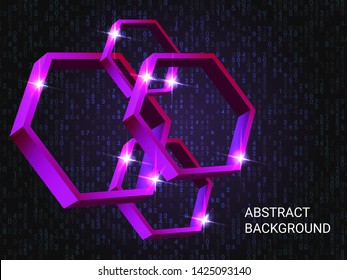 Metal polygons sparkle on the background. Futuristic geometric background. Abstract composition. 3D vector illustration . Violet three-dimensional metal polygon in space.