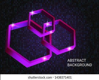Metal polygons sparkle on the background. 3D vector illustration . Futuristic geometric background. Abstract composition. Violet three-dimensional metal polygon in space.