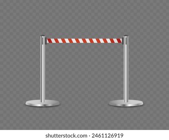 Postes De Metal Conectados Por Cinta De Rayas Rojas Y Blancas Aislados Sobre Fondo Transparente. Ilustración vectorial realista