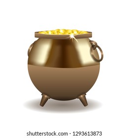 Metal pot with gold coins on white background

