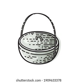 Metal pot isolated on white background. Vector illustration of camping, outdoor adventure equipment.