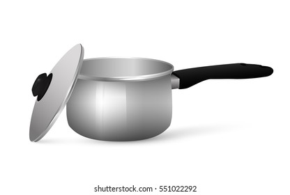 Metal pot with lid. A stainless pan isolated on a white background. Vector Illustration