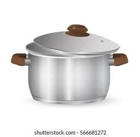 Metal pot with lid. A stainless pan isolated on a white background. Vector Illustration
