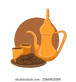 Metal pot with a long spout. Traditional Arabic coffee mug and coffee cups