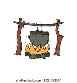 Metal pot over the campfire. Outdoor cooking. Hiking bowler pot on fire. Camping theme. Vector icon in doodle style