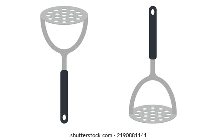 Metal potato masher clipart vector illustration. Potato masher with plastic handle flat vector design. Potato masher icon isolated on white. Potato masher cartoon clipart. Kitchen concept symbol