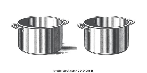 Metal pots. Сookbook etching illustration. Hand drawn engraving style vector illustration.