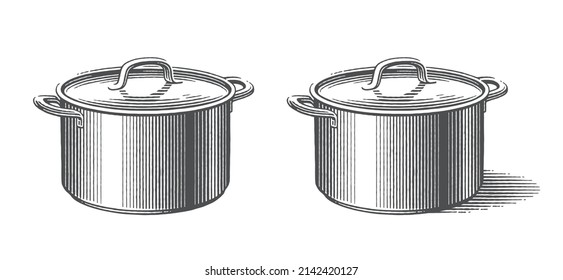 Metal pots with top. Сookbook etching. Hand drawn engraving style vector illustration.