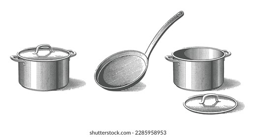 Metal pots with top and frying pan. Cookbook etching. Household equipment. Hand drawn engraving style vector illustration.