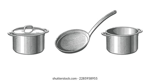 Metal pots with top and frying pan. Cookbook etching. Household equipment. Hand drawn engraving style vector illustration.