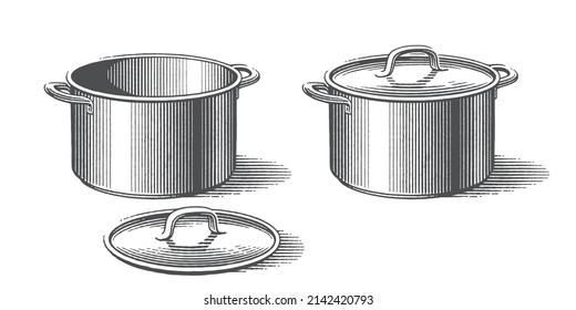 Metal pots with top. Hand drawn engraving style vector illustration.