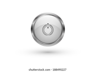 Metal power button on white background.