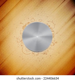 Metal power button with other doodle design elements, wooden background vector illustration.