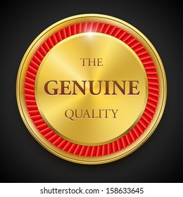 Metal premium round badge with folded ribbon on dark background. The Genuine Quality. Vector illustration. 