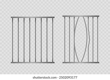 Metal Prison Bars With One Panel Of Damaged, Bent Iron Bars Isolated On A Transparent Background. Realistic 3d Vector