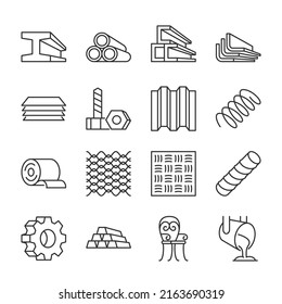Metal products icons set. Fabrication of metal raw materials, parts, linear icon collection. T-beam, tube, channel, angle, hardware, bending, spring, mesh, metal bar, gear, casting. Line with editable - Shutterstock ID 2163690319