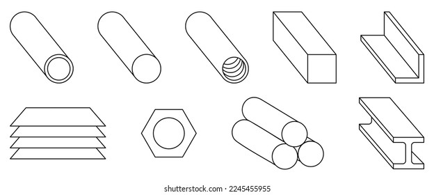 Metal products icons set. Fabrication of metal raw materials, parts, linear icon collection. Vector illustration 
