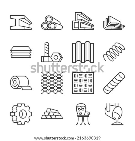 Metal products icons set. Fabrication of metal raw materials, parts, linear icon collection. T-beam, tube, channel, angle, hardware, bending, spring, mesh, metal bar, gear, casting. Line with editable ストックフォト © 