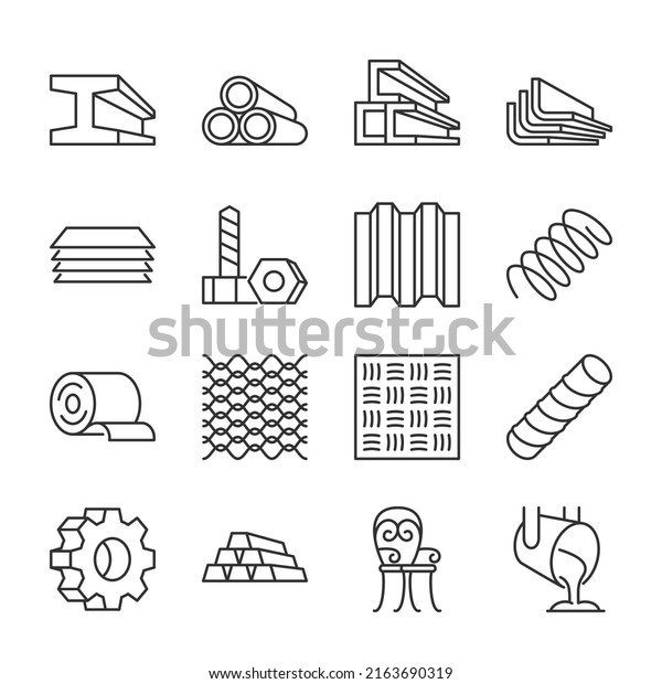Metal products icons set. Fabrication of metal\
raw materials, parts, linear icon collection. T-beam, tube,\
channel, angle, hardware, bending, spring, mesh, metal bar, gear,\
casting. Line with\
editable