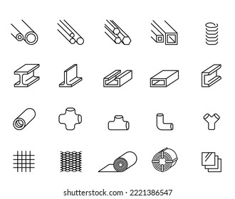 Metal products icons set.  Steel structure and pipe. Outline signs for metallurgy products, construction industry. Lines with editable stroke