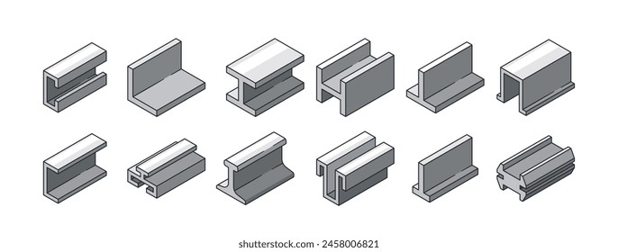 Metal Profile Products Vector Icons Set. Engineered Sections Used In Construction And Manufacturing In Various Shapes