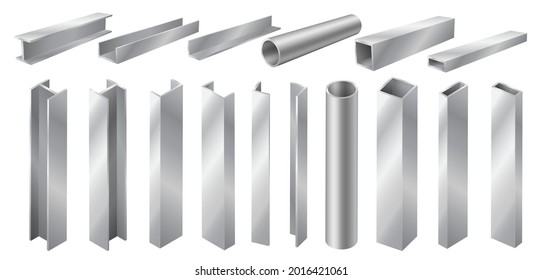 Metal profile and tubes isolated on white background. Different 3d steel beam and pipes. Construction materials for building design. Realistic 3d vector illustration