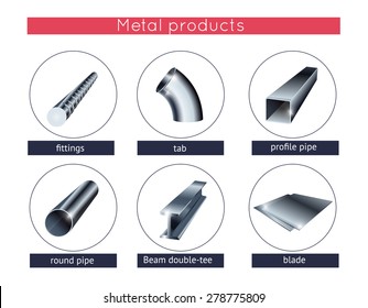 Metal Profile And Tubes. Rolled Metal Products Vector Icons Set.