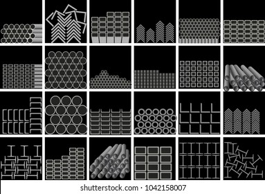 Metal profiles of different types are stacked on warehouse shelves. Vector illustration on black background