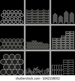 Metal profiles of different types are stacked on warehouse shelves. Vector illustration on black background