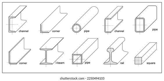 Metal profiles isometric view. Steel rolled products. I-beam, pipe, rail, girder, construction bars, corner, square, round tube. Aluminum elements for metalwork. CAD Set for metallurgy industry