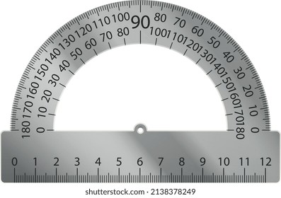 Metal protractor. Geometry equipment. Realistic angle measurement