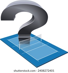 Metal question mark placed behind the net of a 3D volleyball court (cut out)