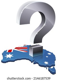 Marca de interrogación de metal colocado en el mapa 3D de Australia en los colores de la bandera australiana