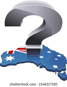 Metal question mark placed on the 3D map of Australia in the colors of the Australian flag