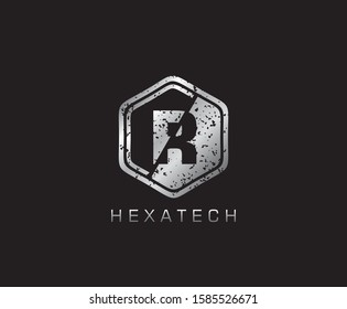 Metal R Letter Logo Icon, Modern Hexagon R Design Concept.