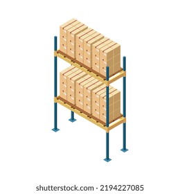 Metal rack with stacks of cardboard boxes in warehouse 3d isometric vector illustration