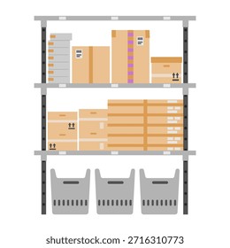 Estantes del metal con las cajas, los paquetes y los envases en la Ilustración vectorial plana del almacén aislada en blanco.