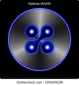 Metal Radium (RADS) cryptocurrency coin with blue neon glow.