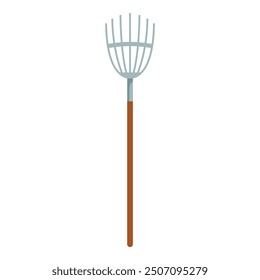 Metal rake standing with wooden handle for gathering leaves, gardening tool for lawn care and farming