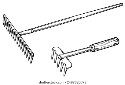 Metal rake with wooden hand, garden rake. Vector illustration of a rake on a white background.