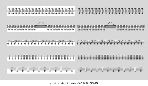 Metal realistic binder for calendar or notebook, textbook or notepad. Vector isolated aluminum spiral coil for paper, fastening sheets of sketchbook. Rings for stitching pages or documents