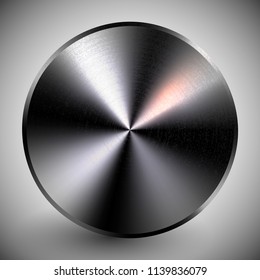 Metal realistic button template. Reflective steel round tool. Metallic texture technical object. Vector illustration. Chrome, aluminum, iron cone icon with light and shadow. Silver glare surface.