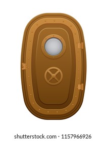 Metal realistic door with glazed round window porthole. Door compartment of the submarine, with a circular wheel lock. Ship, war submarine, with window. Vector illustration isolated.