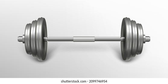 Metal realistic fitness barbell. Gym exercise equipment for bodybuilding training isolated on grey background. Silver iron sport object for weightlifting workout. Powerlifting gear for strong muscles.