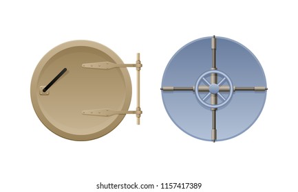 Metal realistic round oval door, with a circular wheel lock. Door compartment of the submarine. Ship, war submarine, with window. Vector illustration isolated.
