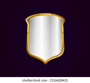 Metal realistic shield vector illustration. Silver with gold royal design. Security and safety symbol template.