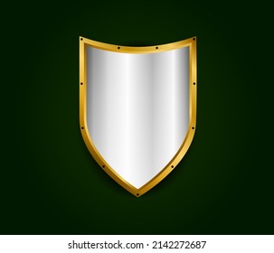 Metal realistic shield vector illustration. Silver with gold royal design. Security and safety symbol template.