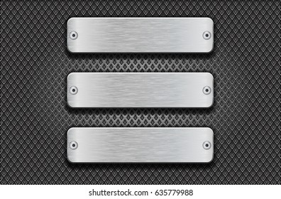 Metal rectangular brushed plates with rivets on perforated background. Vector 3d illustration