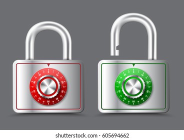 Metal rectangular Padlock with open and closed handle, with mechanical round dial for dialing a password or pincode. Vector illustration